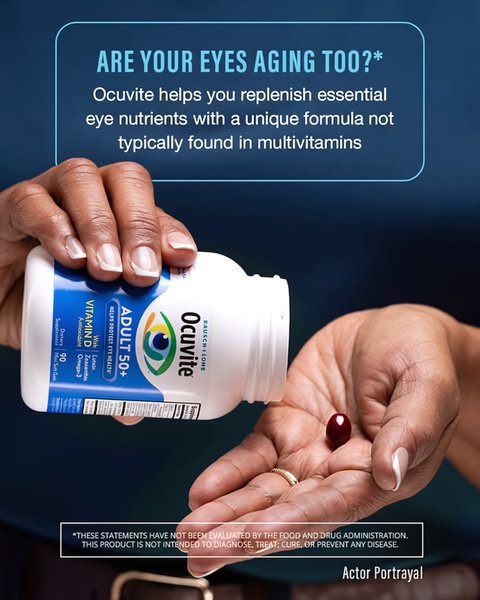 This static creative features a close-up shot of a hand holding an eye supplement bottle with a clear, question-based hook targeting aging concerns.